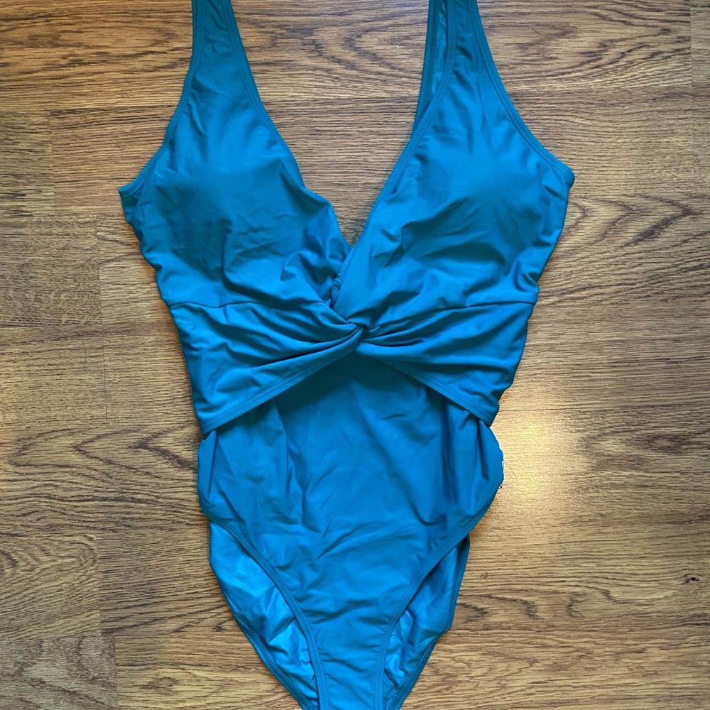Nicole Miller Studio Womens Swimsuit One Piece Deep V Neck Teal Size Large NEW